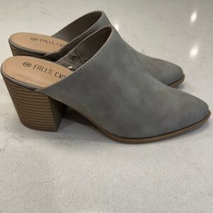 Gray slip on heeled mules
